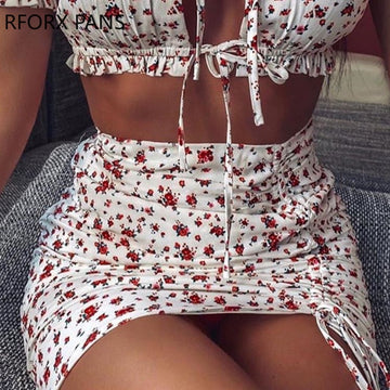 Yipinpay Women Suit Floral Tie Front Crop Short Top & Mini Skirt Set  Summer Suit